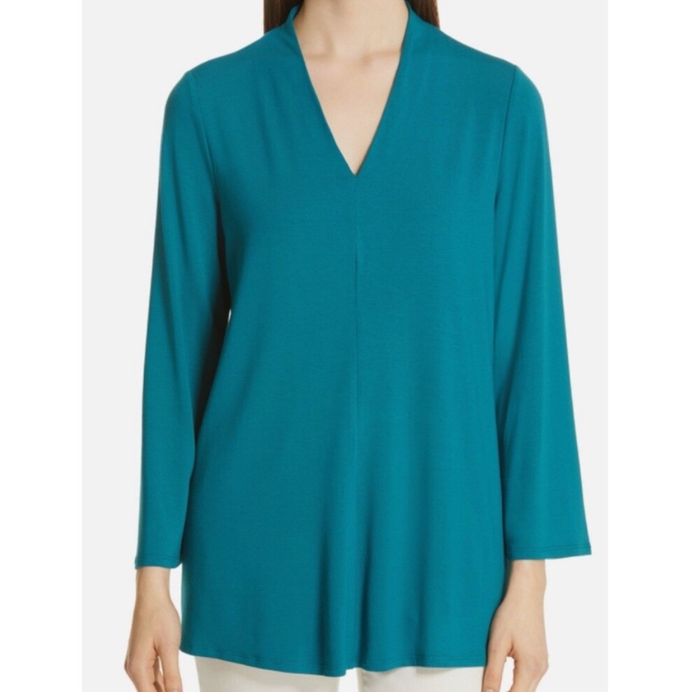 Eileen Fisher‎ Viscose Tunic Top XL Teal V Neck Long Sleeves Stretchy Casual
